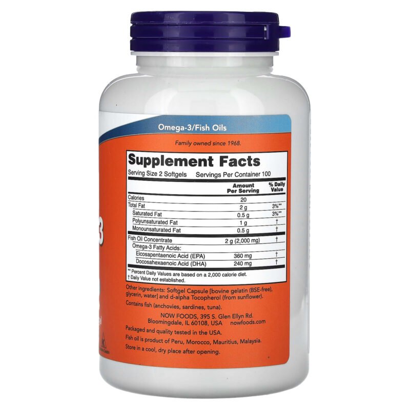 NOW Foods, Omega-3 Fish Oil 200 Softgels - Image 2