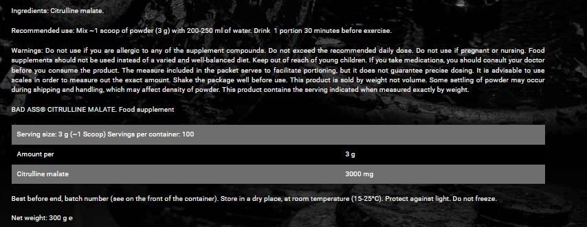 Bad Ass, Citruline Malate 300g, 100 Serving