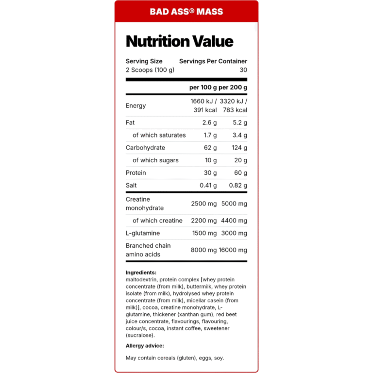 BadAss Nutrition, Mass, 3kg, 30 Servings
