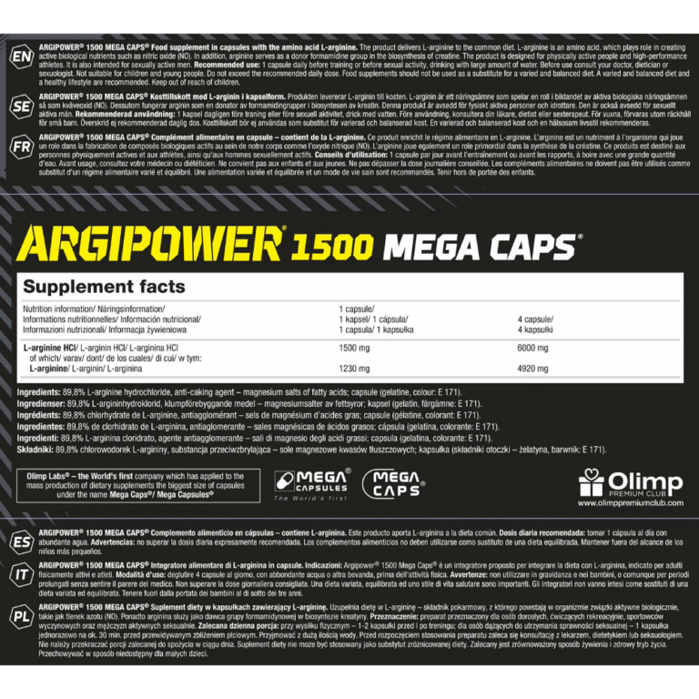 Olimp, ArgiPower 1500 Mega Caps, 120 Capsules, 120 Servings Nutrition Facts