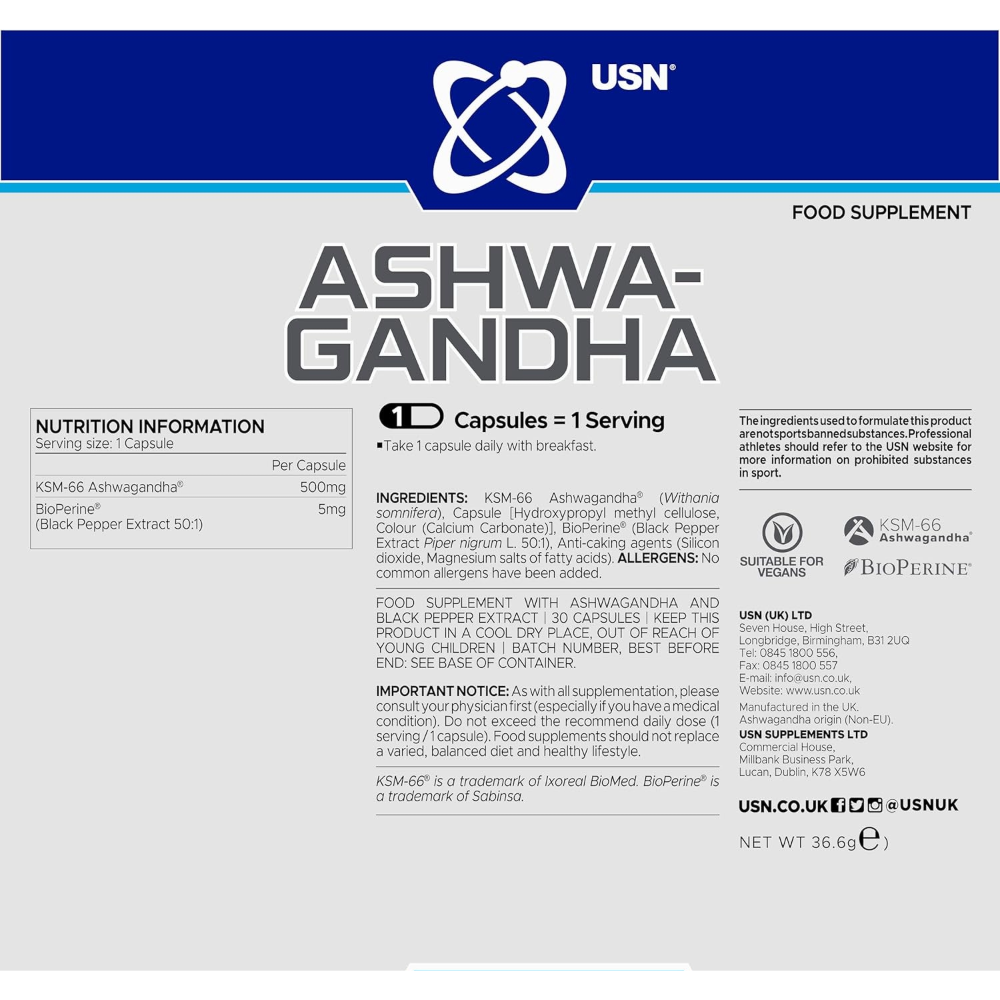 USN, Ashwagandha KSM-66, 500mg, 30 Capsules, 30 Servings
