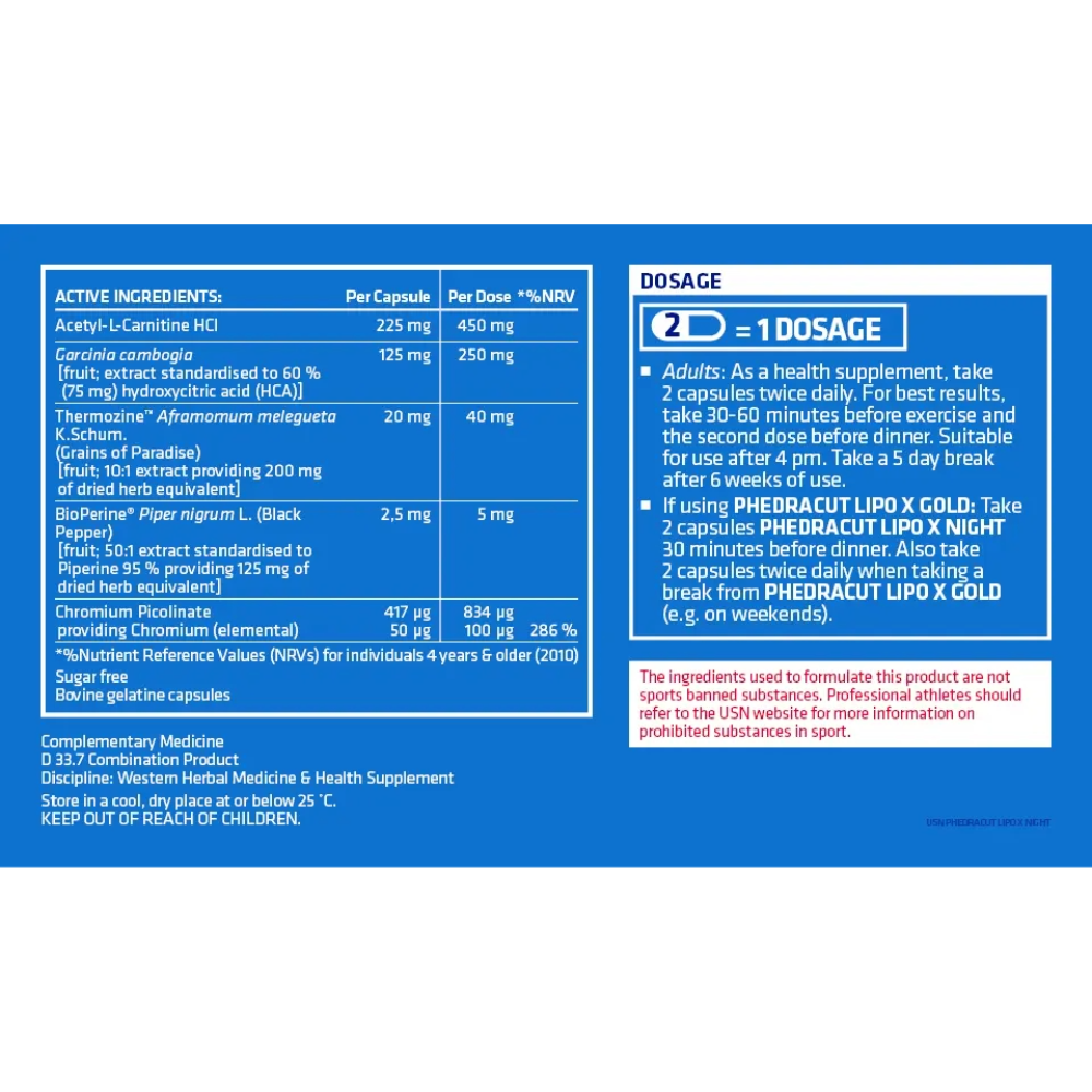 USN, Phedra Cut Lipo X Night, Stimulant Free, 60 Capsules, 30 Servings