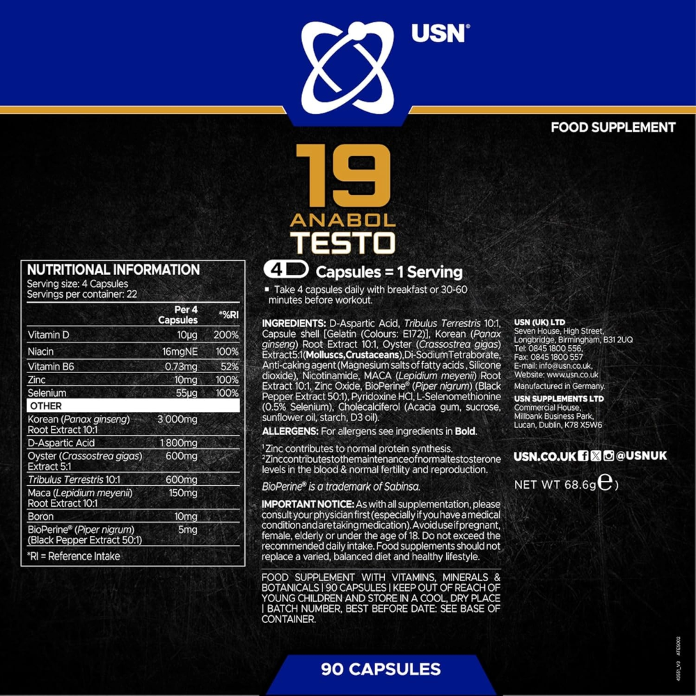 USN, 19 Anabol-Testo, 90 Capsules, 22 Servings