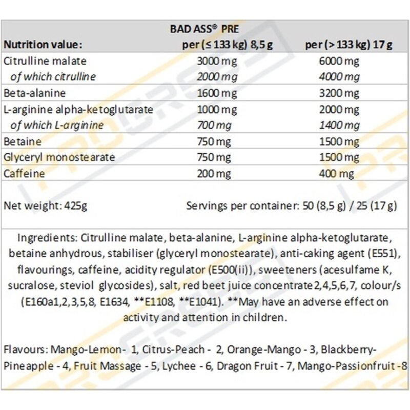 Bad Ass Pre Workout - Mango Passionfruit - 425g - 50Serv - Image 2