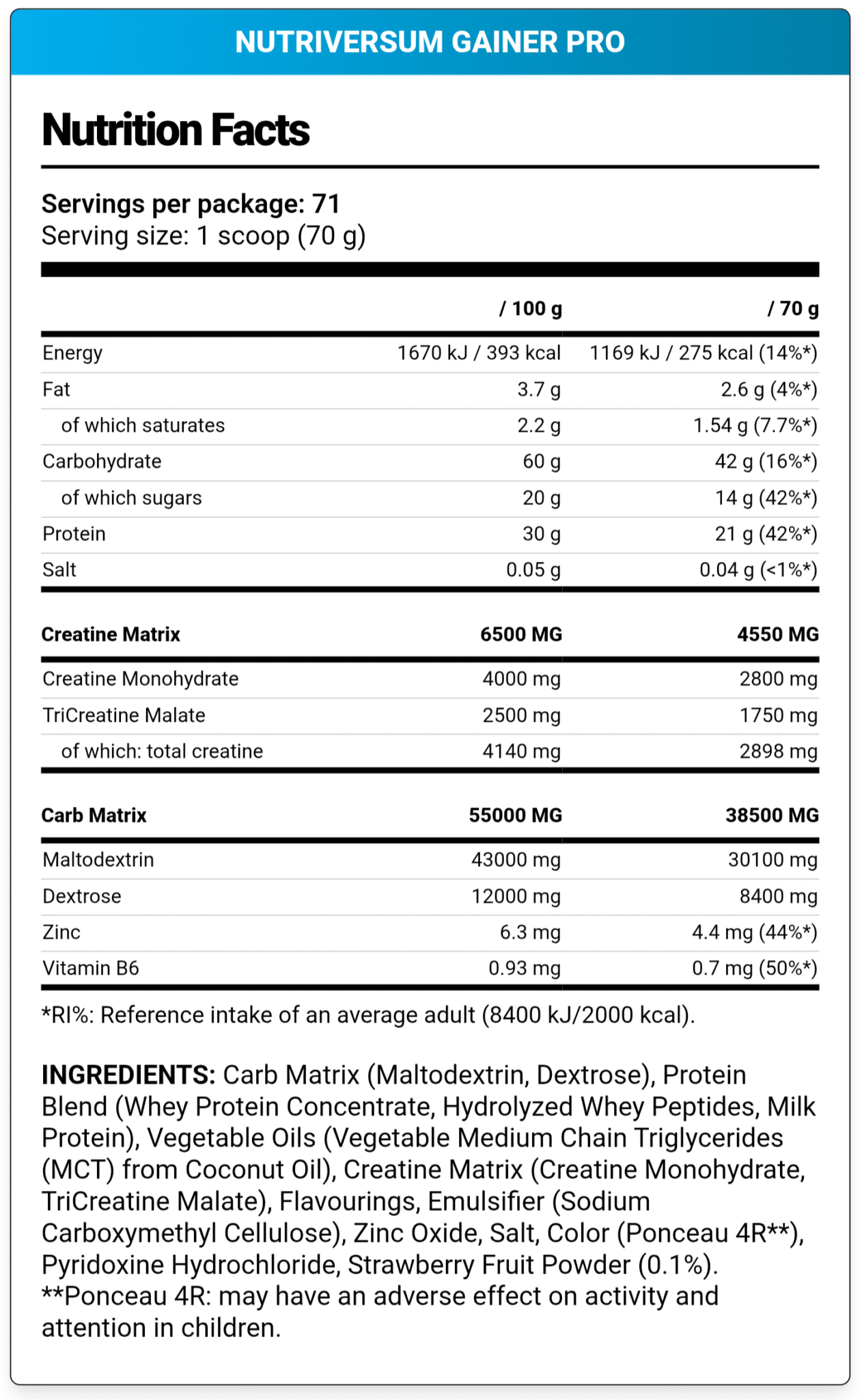 Nutriversum, gainer pro, 5KG, 71 Servings