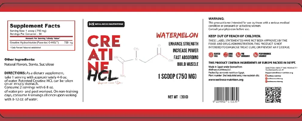 Wellness Nutrition, Creatine HCL, 30G, 30 Servings