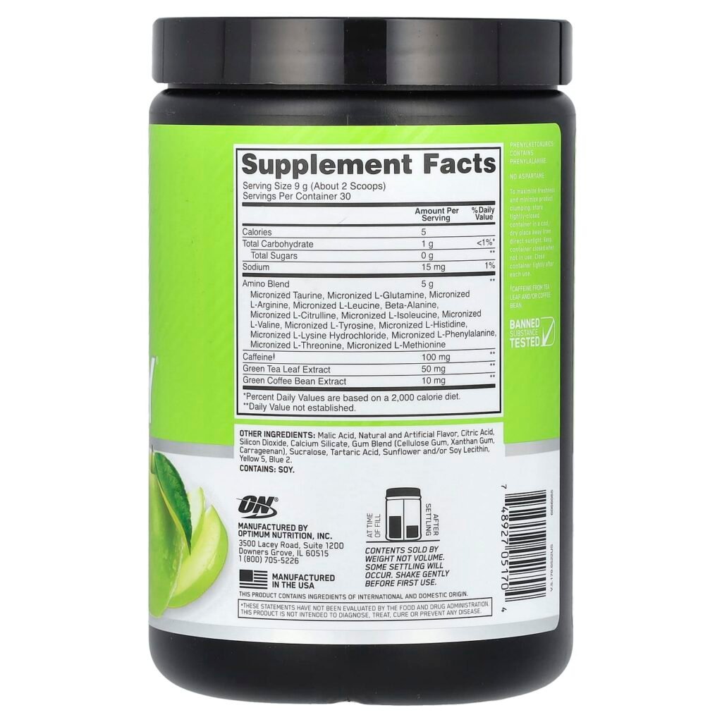 Optimum Nutrition Essential Amino Energy Green apple 270g 30Serv - Image 2
