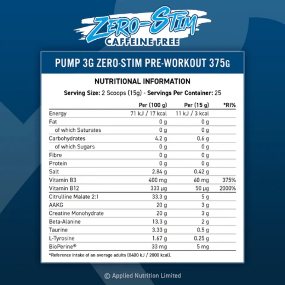 Applied Nutrition, PUMP 3G Zero Stim, 375G, 25 Servings