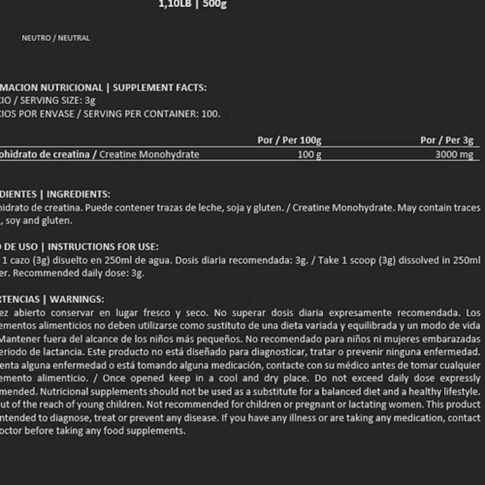 BigMan, Creatine Monohydrate, 500g, 166 Servings Nutrition facts — Nutrition Facts panel / جدول القيم الغذائية