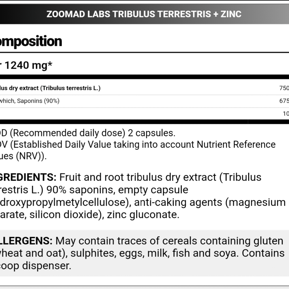 Zoomad Labs, TRIBULUS TERRESTRIS + Zinc, 60 Capsules, 30 Servings