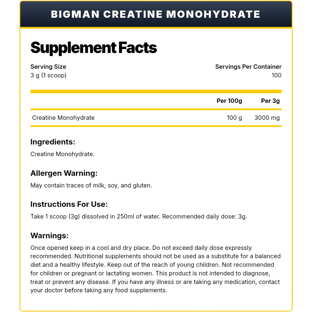 BigMan, Creatine Monohydrate, 90g, 30 Servings — Nutrition Facts panel / جدول القيم الغذائية