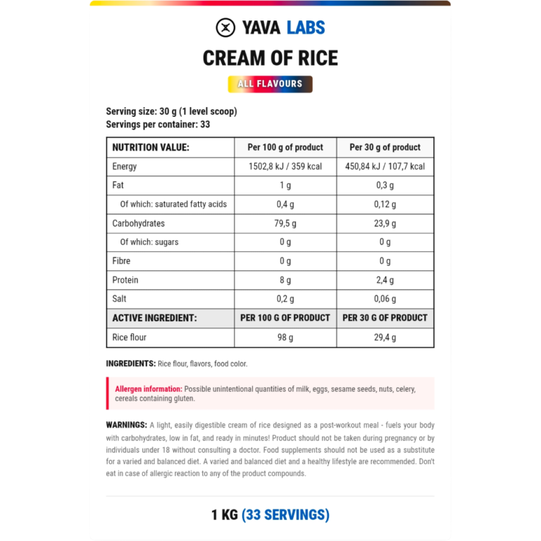 Yava Labs, Cream of Rice, 1kg, 33 Servings