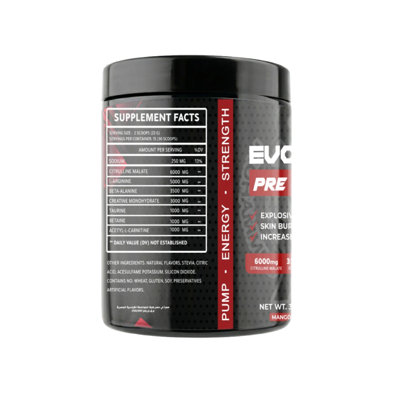 DR.Mohamed Mahmoud, Evolution Preworkout DECAF, 330g, 15 Servings Mango Lime — Back label / ملصق التغذية