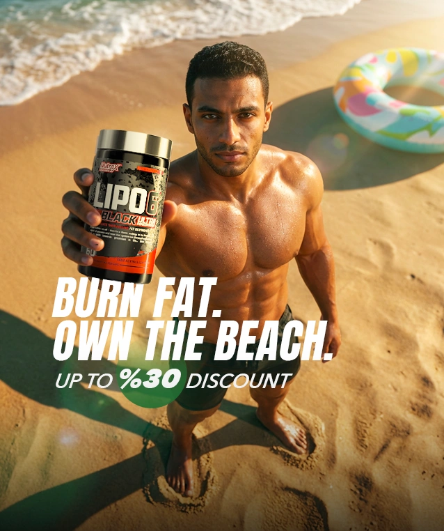 Nutrex Lipo 6 Black fat burner held by athlete on beach with promotional summer discount banner
