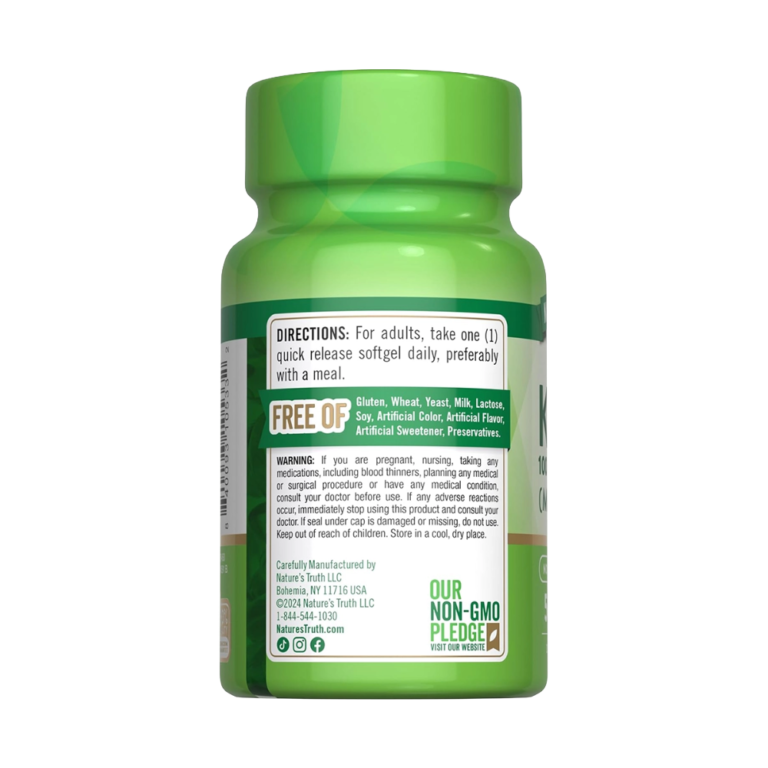 Nature's Truth, Ultra K2 100mcg + D3 5000IU, 50 Quick Release Softgels, 50 Servings — Back panel / الوجه الخلفي بالمكونات