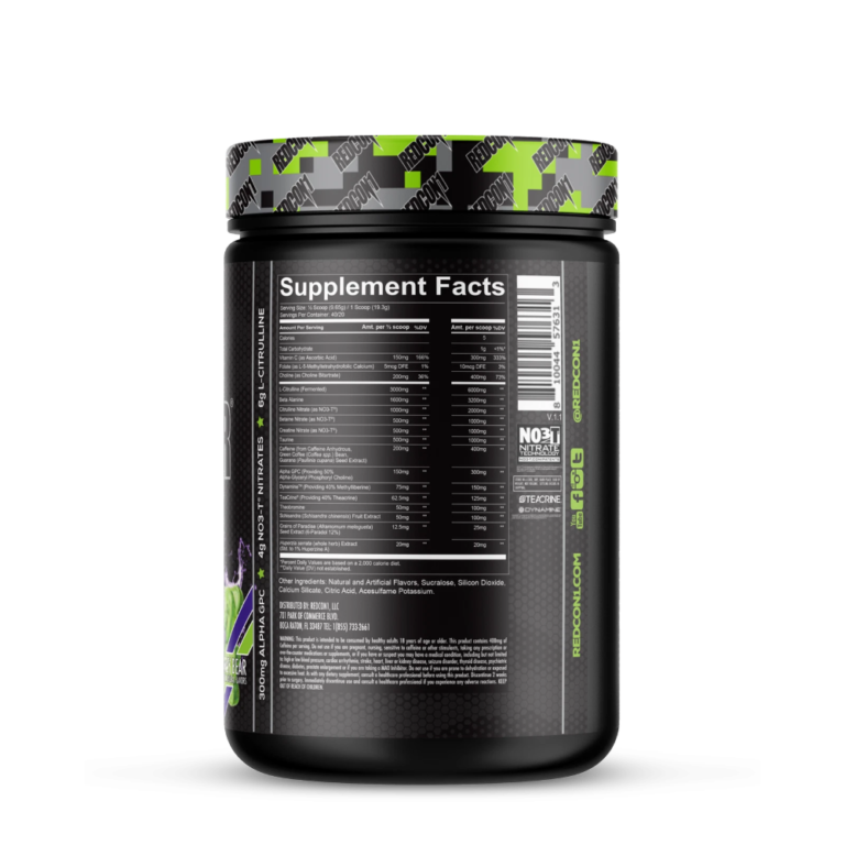 Redcon1, Total War x Black Ops Pre-workout, 385G, 40 Serving Sour Gummy Bear back 1 — Back label / ملصق التغذية