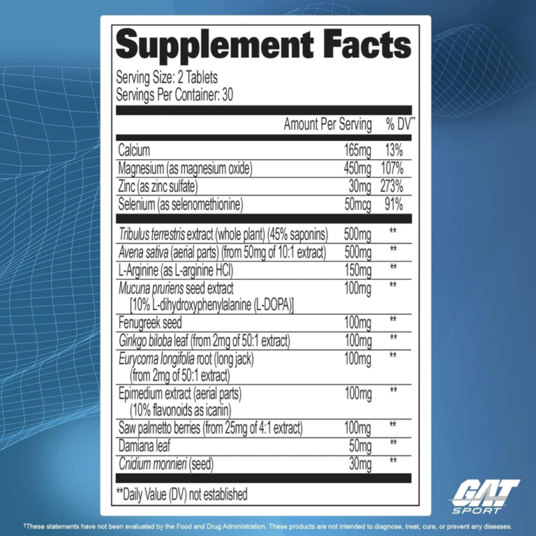 GAT Sports, Testrol Original, 60 Tablets, 30 Servings — Nutrition Facts panel / جدول القيم الغذائية